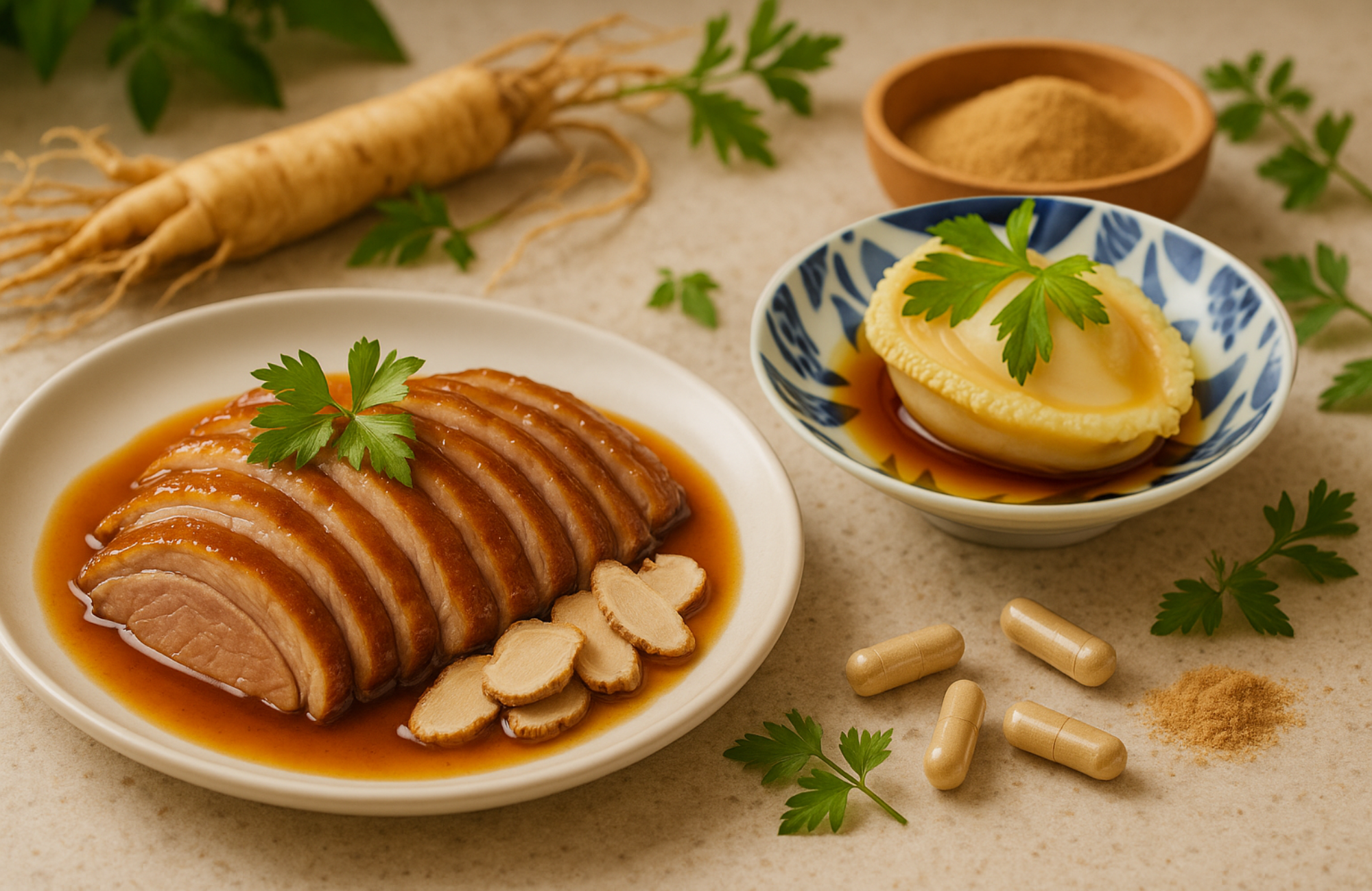 Chilled Abalone with Licorice Root & Solomon's Seal & Duck Infused with American Ginseng